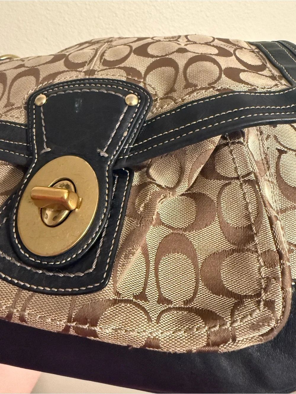 Coach Tan Signature Canvas Shoulder Bag with Black Trim
